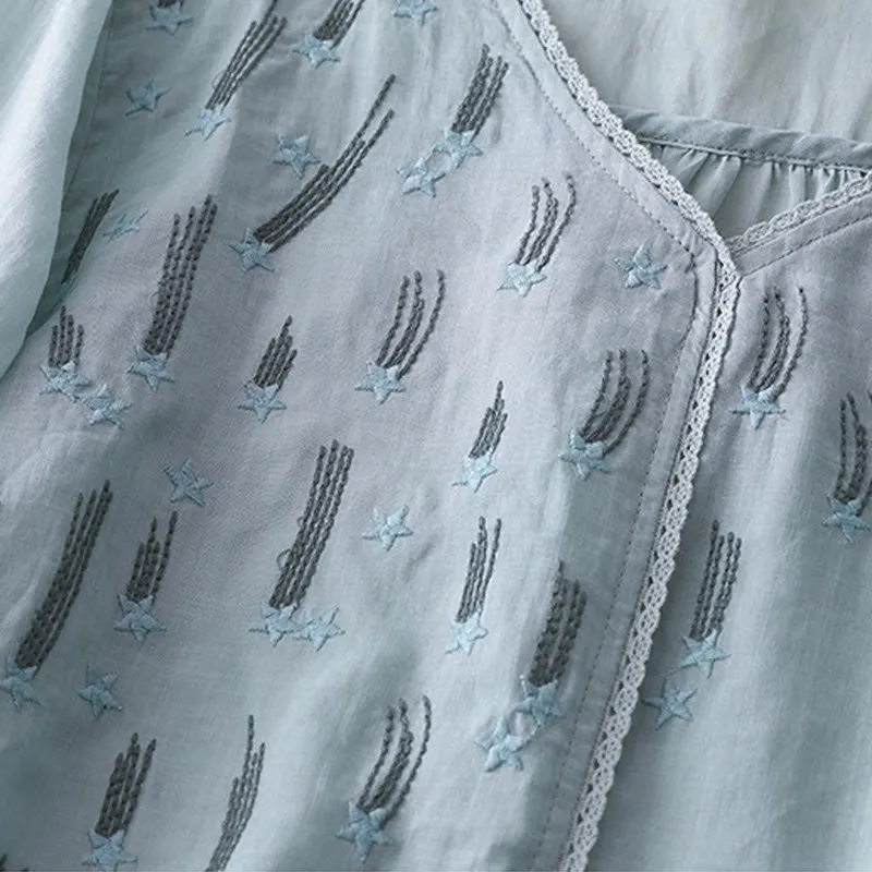 Buddha Stones Casual Shooting Star Embroidery V-Neck Half Sleeve Cotton Linen Women's Shirt