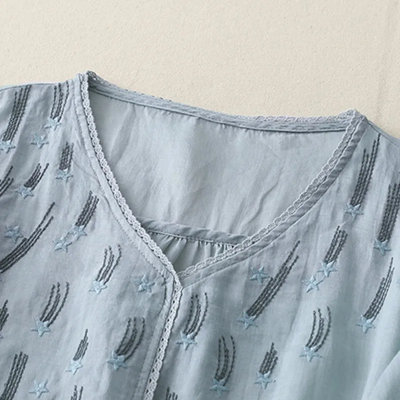 Buddha Stones Casual Shooting Star Embroidery V-Neck Half Sleeve Cotton Linen Women's Shirt