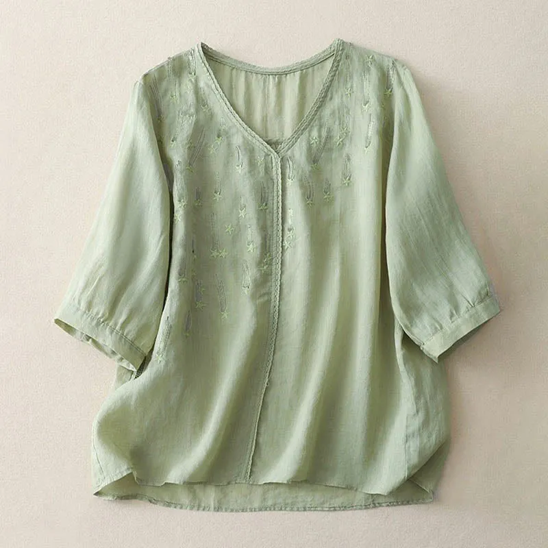 Buddha Stones Casual Shooting Star Embroidery V-Neck Half Sleeve Cotton Linen Women's Shirt