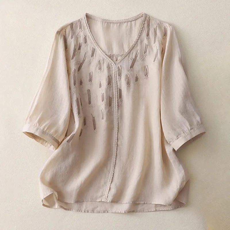 Buddha Stones Casual Shooting Star Embroidery V-Neck Half Sleeve Cotton Linen Women's Shirt