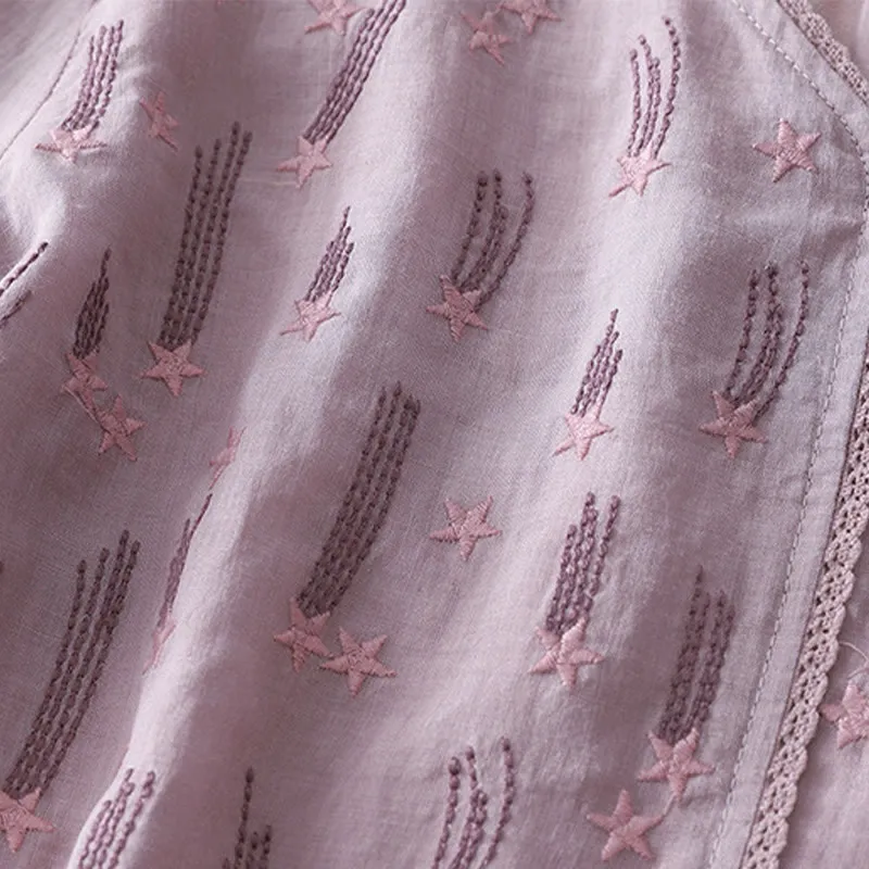 Buddha Stones Casual Shooting Star Embroidery V-Neck Half Sleeve Cotton Linen Women's Shirt