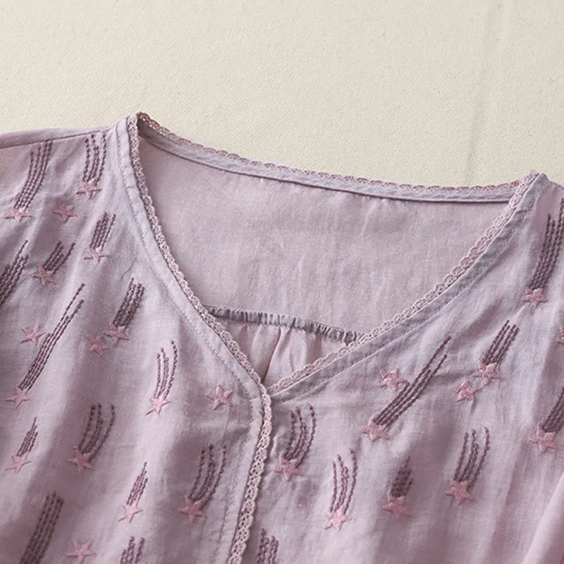 Buddha Stones Casual Shooting Star Embroidery V-Neck Half Sleeve Cotton Linen Women's Shirt
