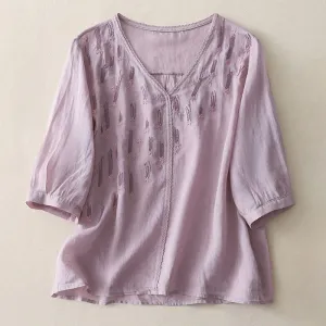 Buddha Stones Casual Shooting Star Embroidery V-Neck Half Sleeve Cotton Linen Women's Shirt