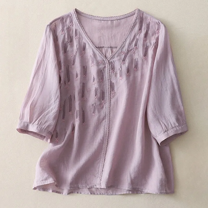 Buddha Stones Casual Shooting Star Embroidery V-Neck Half Sleeve Cotton Linen Women's Shirt