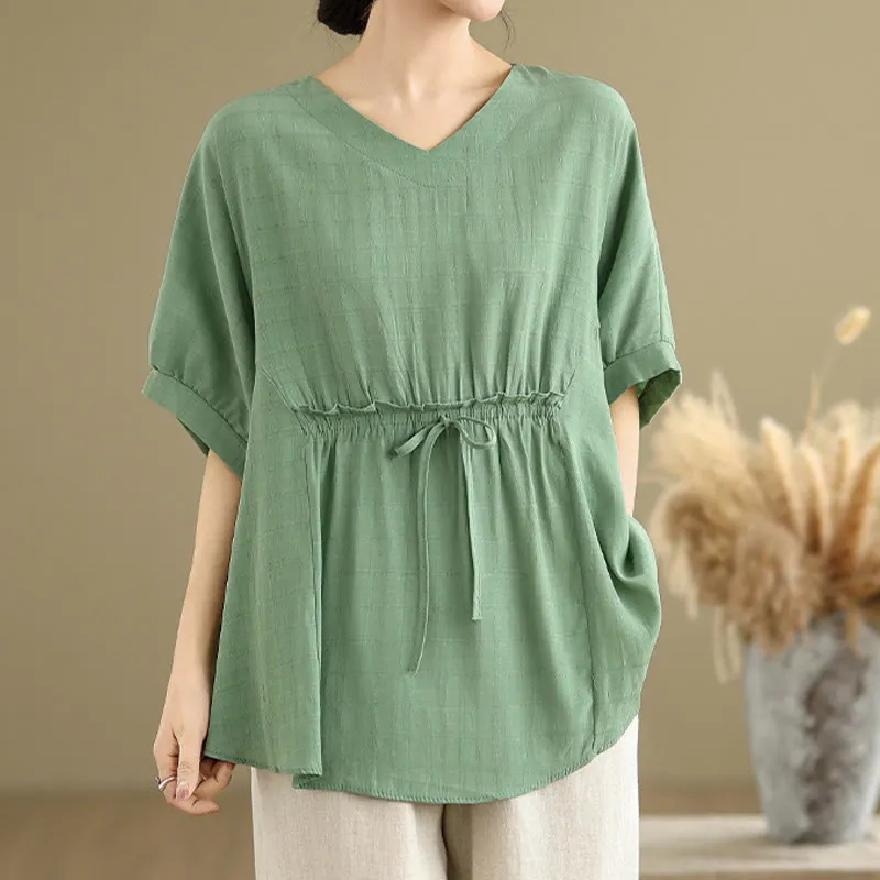 Buddha Stones Casual Solid Color Half Sleeve Half Button Women's T-Shirt