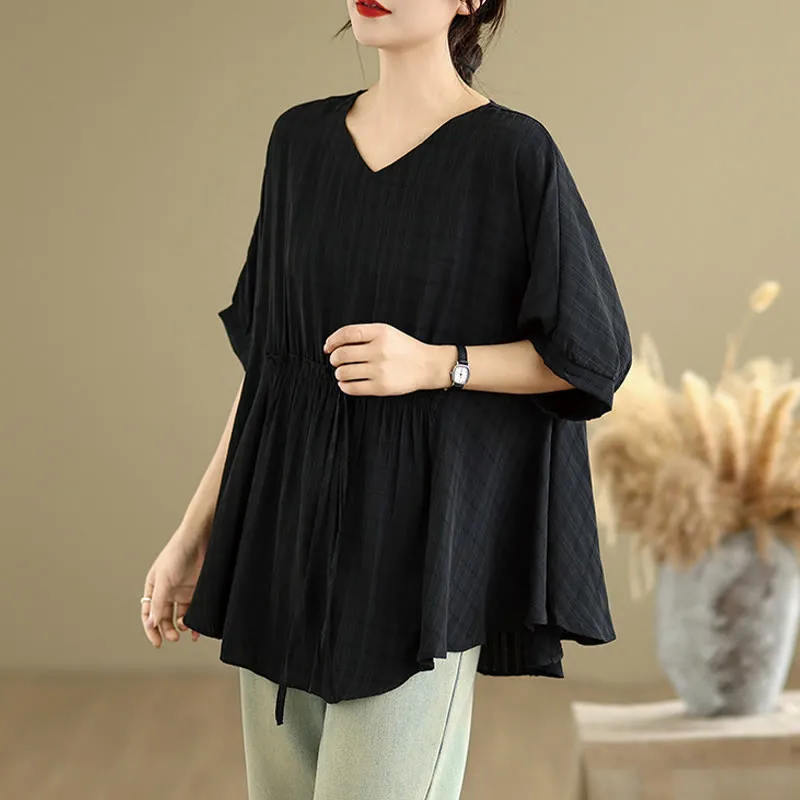 Buddha Stones Casual Solid Color Half Sleeve Half Button Women's T-Shirt