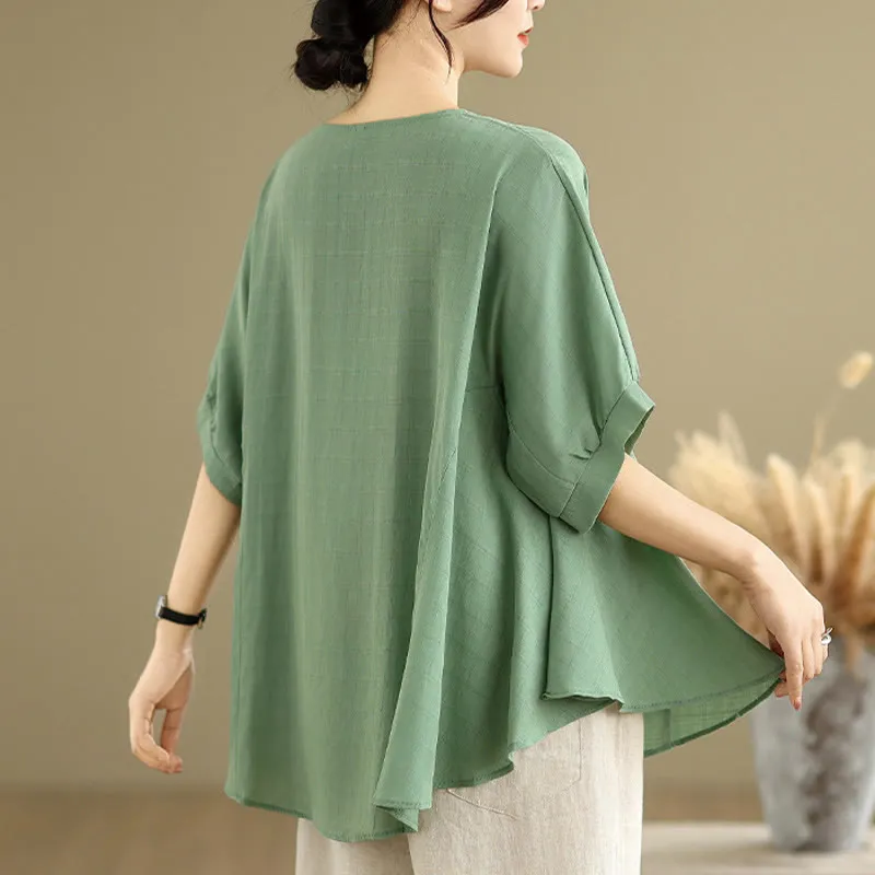 Buddha Stones Casual Solid Color Half Sleeve Half Button Women's T-Shirt