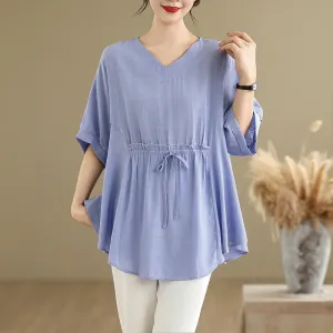 Buddha Stones Casual Solid Color Half Sleeve Half Button Women's T-Shirt