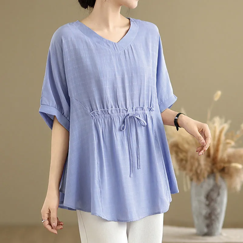Buddha Stones Casual Solid Color Half Sleeve Half Button Women's T-Shirt
