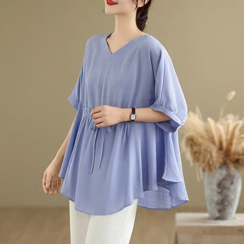 Buddha Stones Casual Solid Color Half Sleeve Half Button Women's T-Shirt