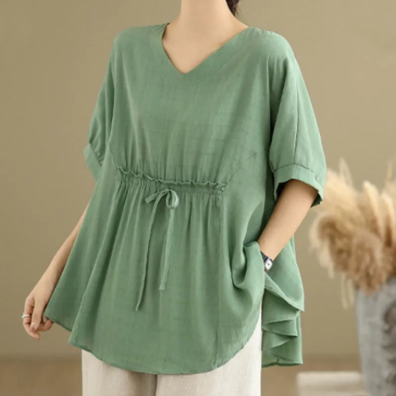 Buddha Stones Casual Solid Color Half Sleeve Half Button Women's T-Shirt