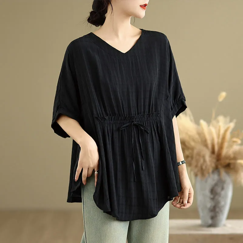 Buddha Stones Casual Solid Color Half Sleeve Half Button Women's T-Shirt