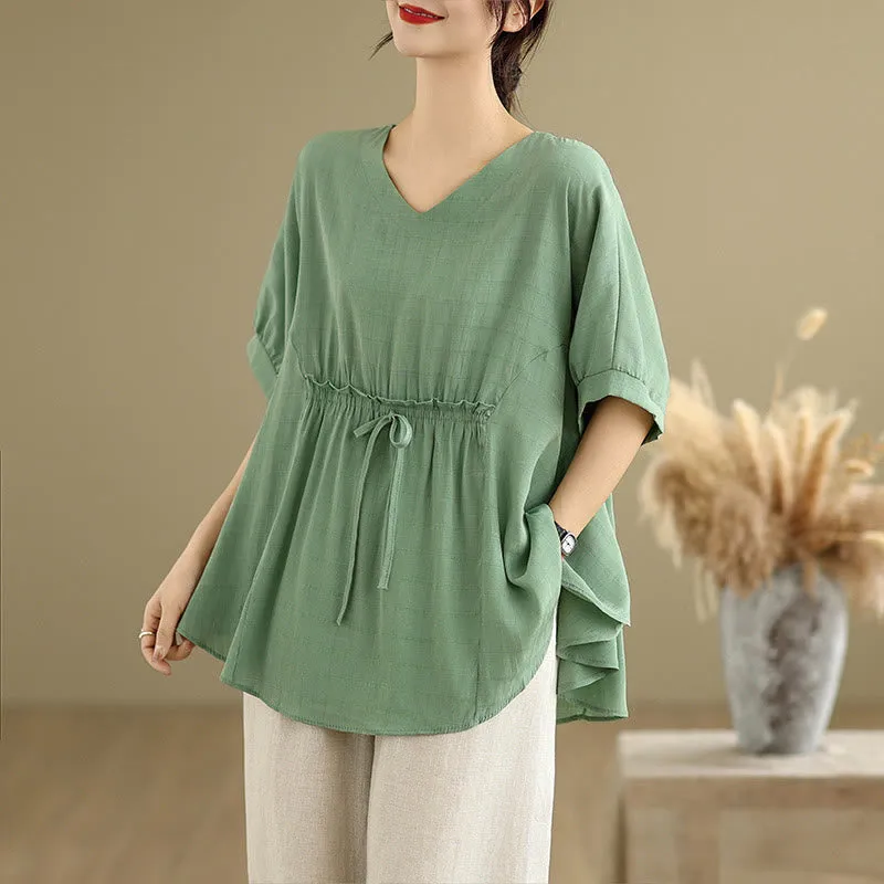 Buddha Stones Casual Solid Color Half Sleeve Half Button Women's T-Shirt