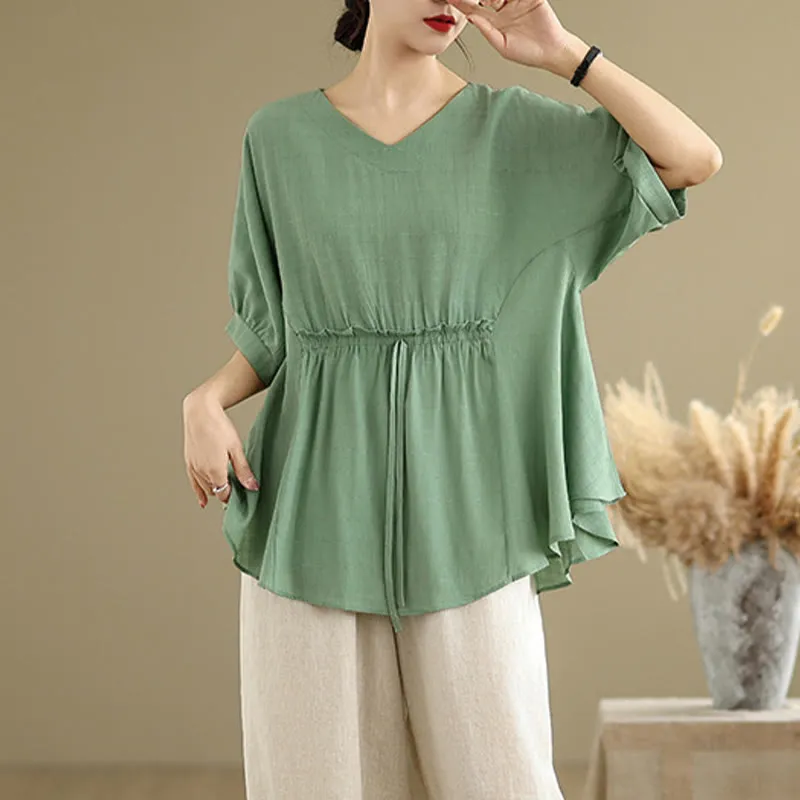 Buddha Stones Casual Solid Color Half Sleeve Half Button Women's T-Shirt