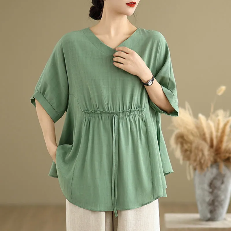 Buddha Stones Casual Solid Color Half Sleeve Half Button Women's T-Shirt