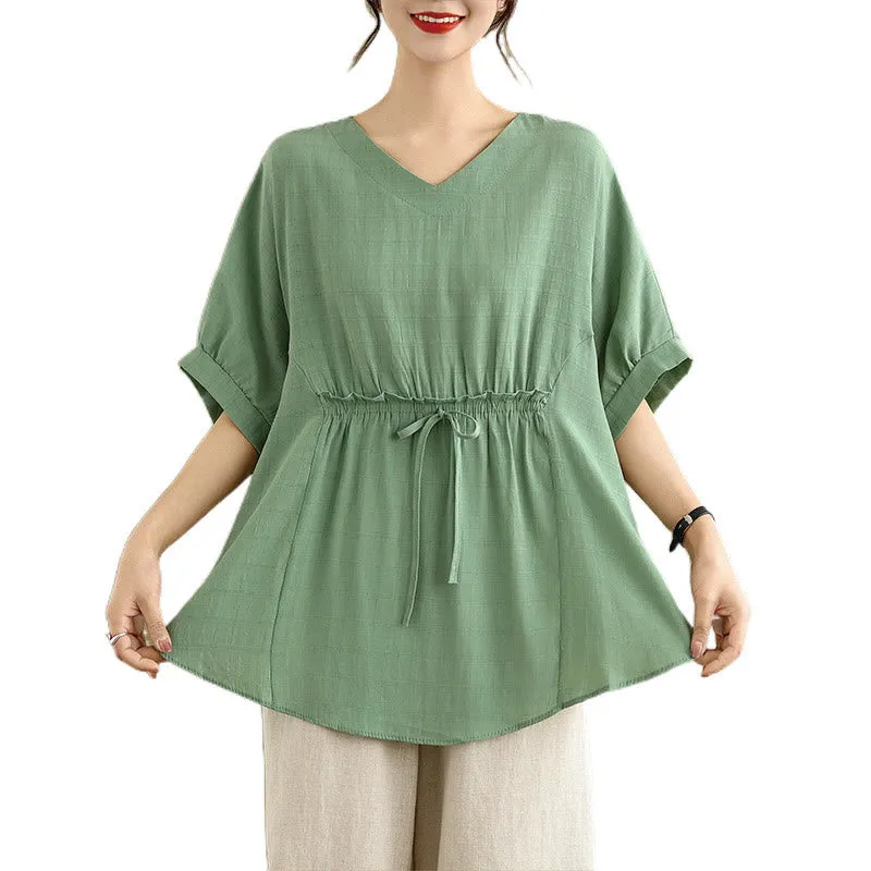 Buddha Stones Casual Solid Color Half Sleeve Half Button Women's T-Shirt