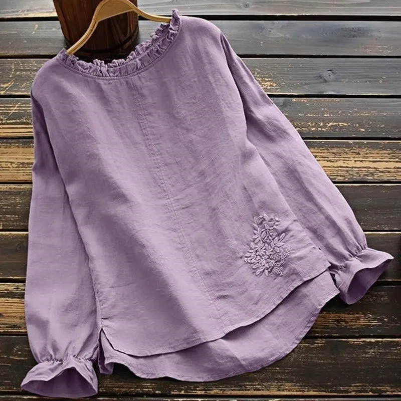 Buddha Stones Fall Casual Embroidery Long Bell Sleeve Lotus Leaf Collar Cotton Linen Women's Shirt