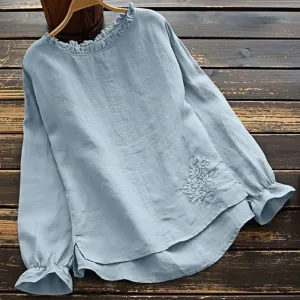 Buddha Stones Fall Casual Embroidery Long Bell Sleeve Lotus Leaf Collar Cotton Linen Women's Shirt