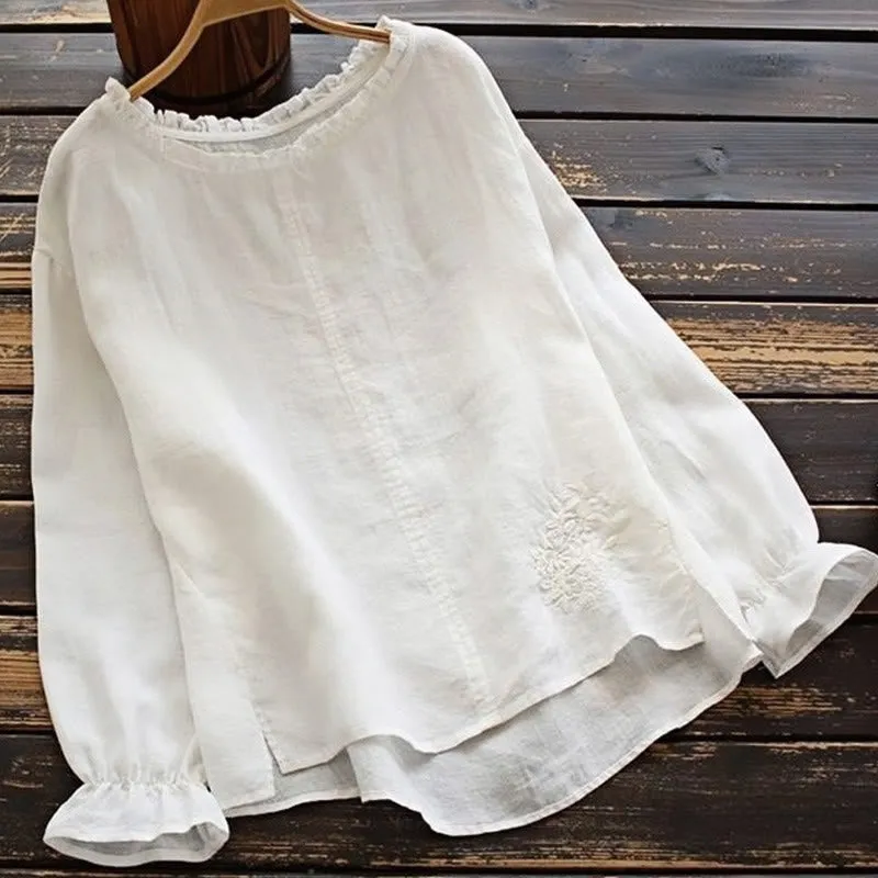Buddha Stones Fall Casual Embroidery Long Bell Sleeve Lotus Leaf Collar Cotton Linen Women's Shirt