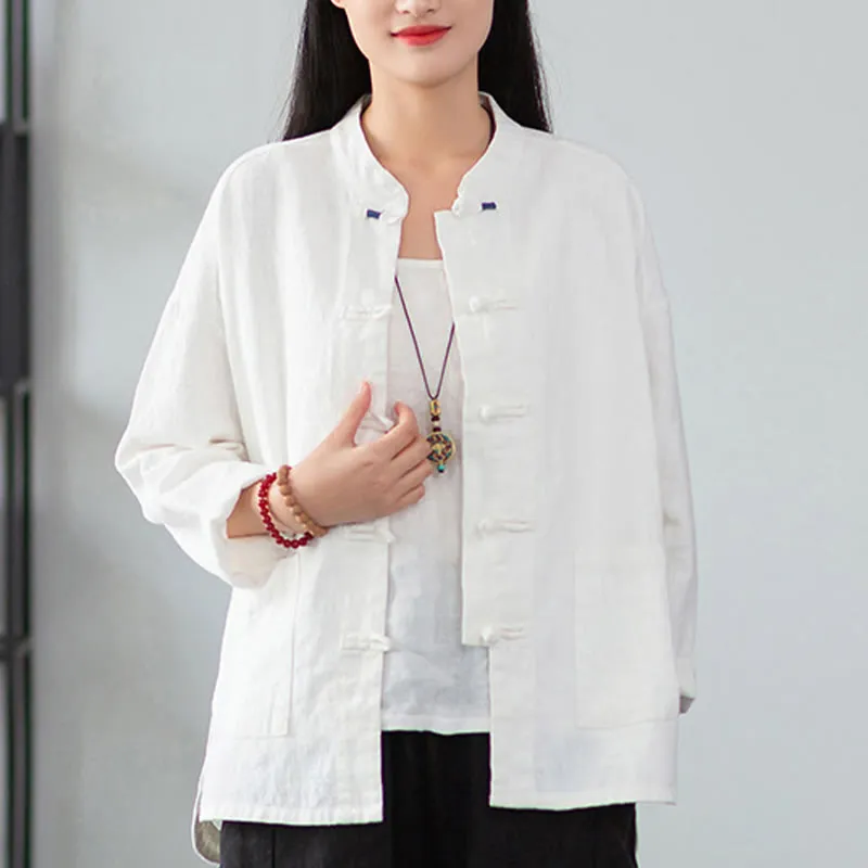 Buddha Stones Solid Color Frog-button Long Sleeve Linen Women's Shirts With Pockets