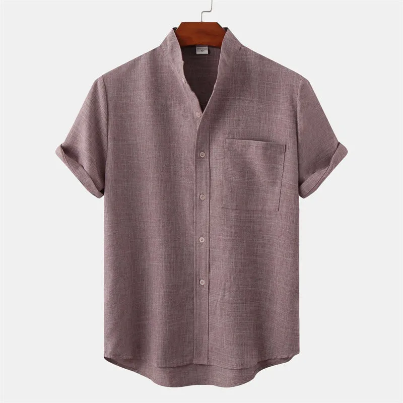 Buddha Stones Summer Men's Button Plain Short Sleeve Cotton Linen Shirt With Pocket