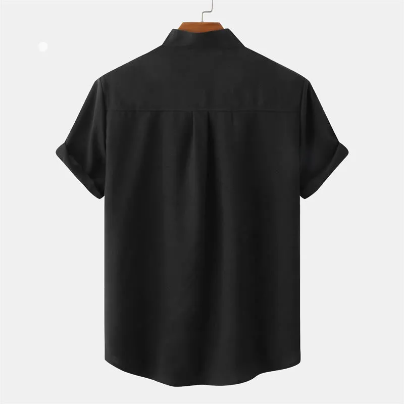 Buddha Stones Summer Men's Button Plain Short Sleeve Cotton Linen Shirt With Pocket