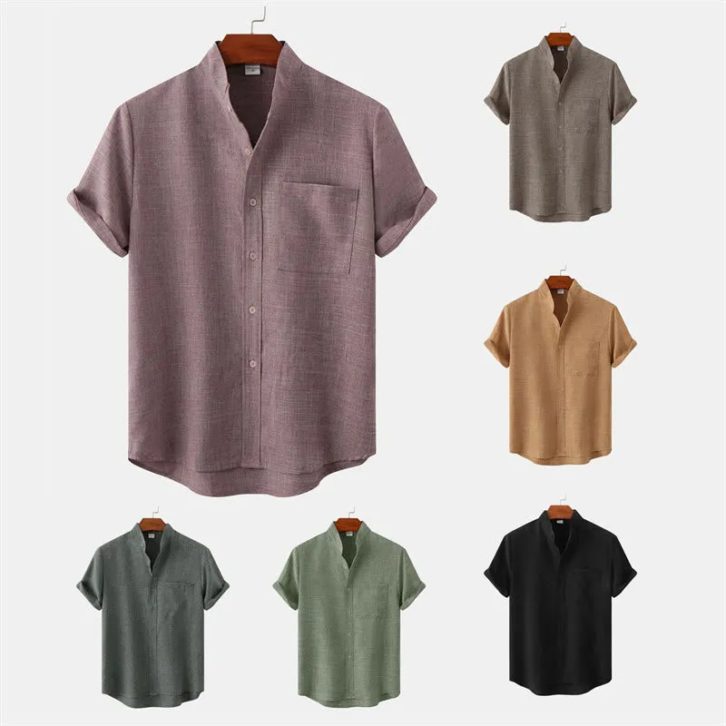 Buddha Stones Summer Men's Button Plain Short Sleeve Cotton Linen Shirt With Pocket