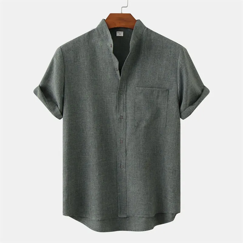 Buddha Stones Summer Men's Button Plain Short Sleeve Cotton Linen Shirt With Pocket