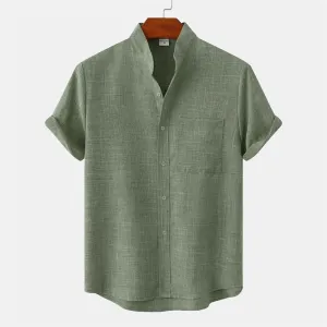 Buddha Stones Summer Men's Button Plain Short Sleeve Cotton Linen Shirt With Pocket