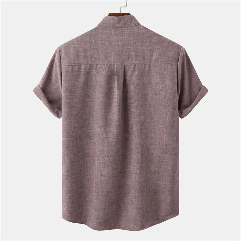 Buddha Stones Summer Men's Button Plain Short Sleeve Cotton Linen Shirt With Pocket