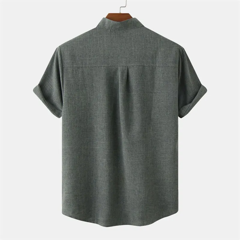 Buddha Stones Summer Men's Button Plain Short Sleeve Cotton Linen Shirt With Pocket