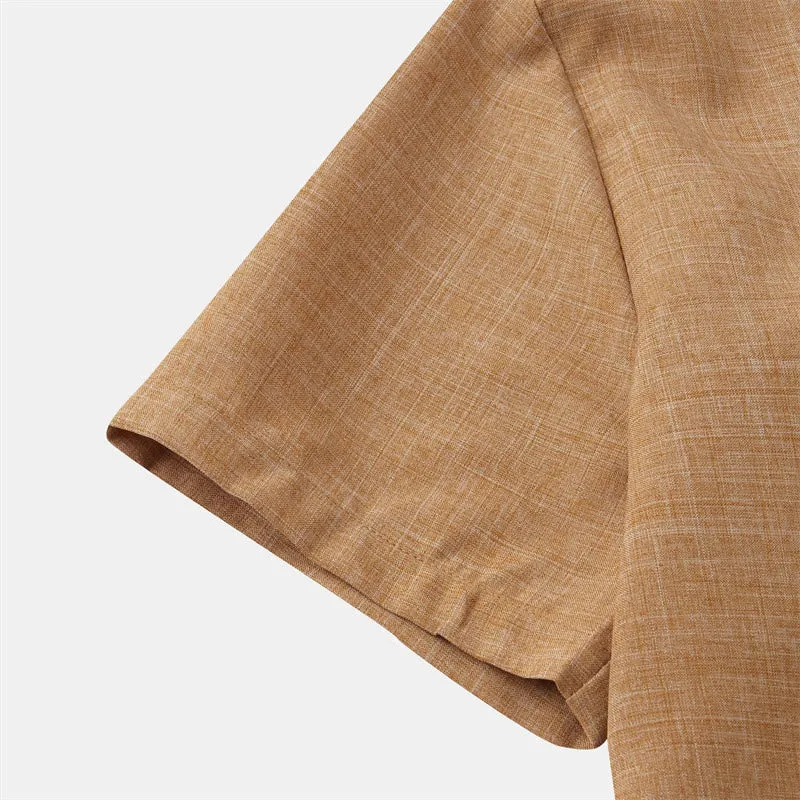 Buddha Stones Summer Men's Button Plain Short Sleeve Cotton Linen Shirt With Pocket