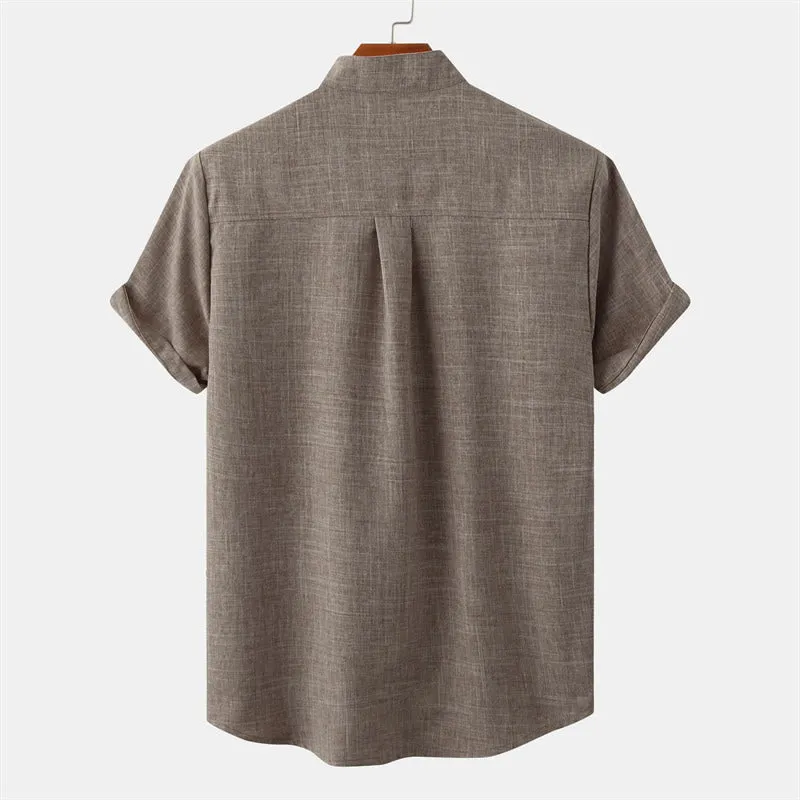 Buddha Stones Summer Men's Button Plain Short Sleeve Cotton Linen Shirt With Pocket