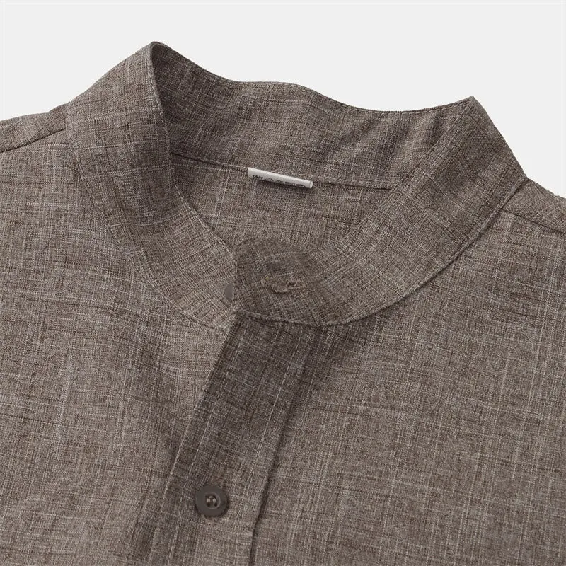 Buddha Stones Summer Men's Button Plain Short Sleeve Cotton Linen Shirt With Pocket
