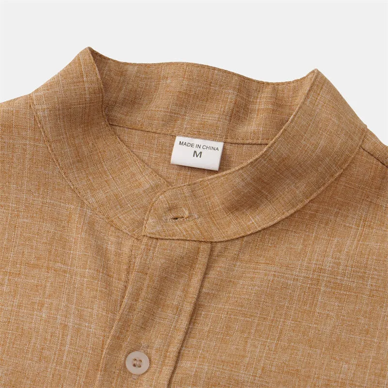 Buddha Stones Summer Men's Button Plain Short Sleeve Cotton Linen Shirt With Pocket