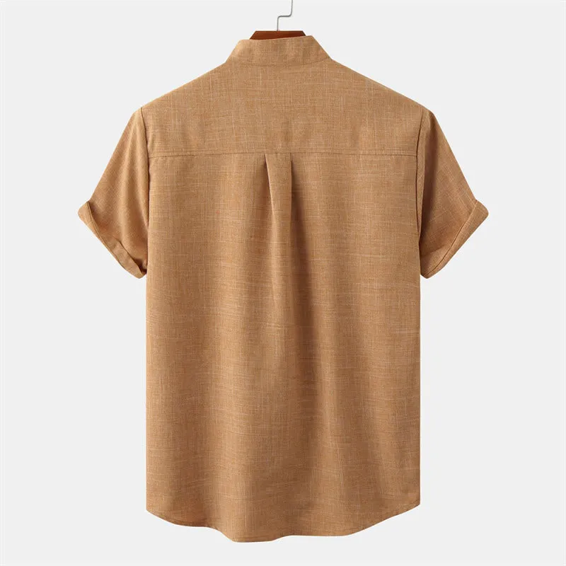 Buddha Stones Summer Men's Button Plain Short Sleeve Cotton Linen Shirt With Pocket