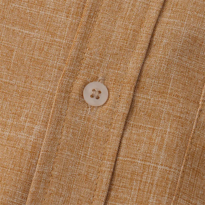 Buddha Stones Summer Men's Button Plain Short Sleeve Cotton Linen Shirt With Pocket