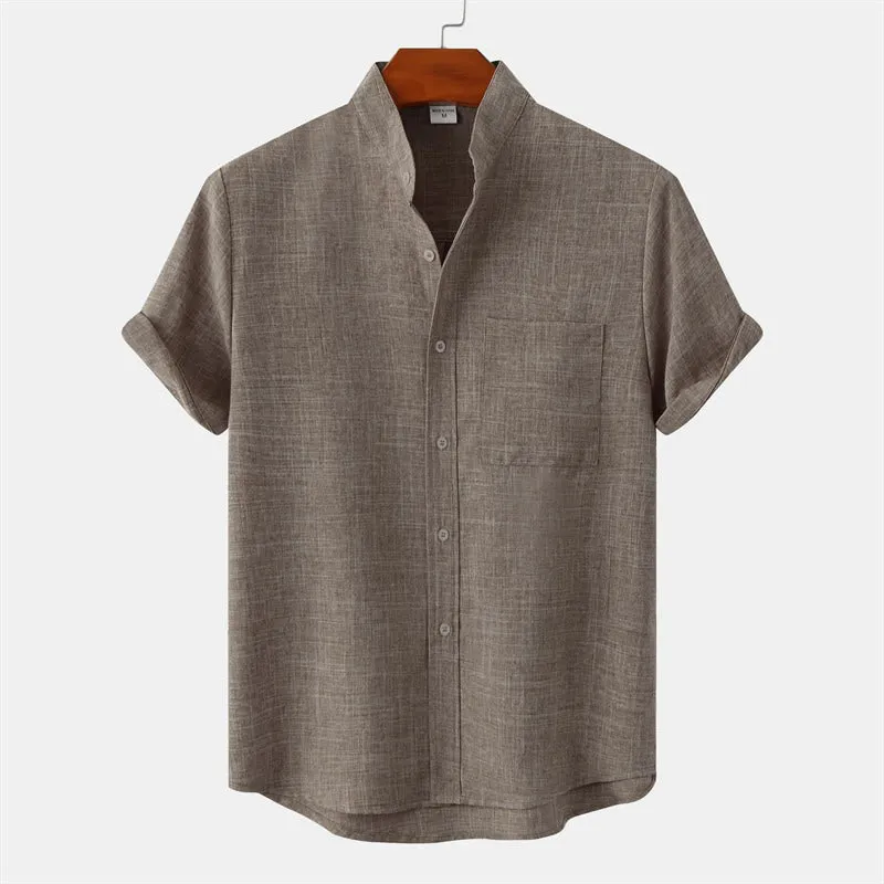 Buddha Stones Summer Men's Button Plain Short Sleeve Cotton Linen Shirt With Pocket