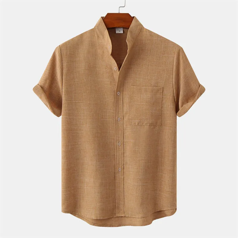 Buddha Stones Summer Men's Button Plain Short Sleeve Cotton Linen Shirt With Pocket