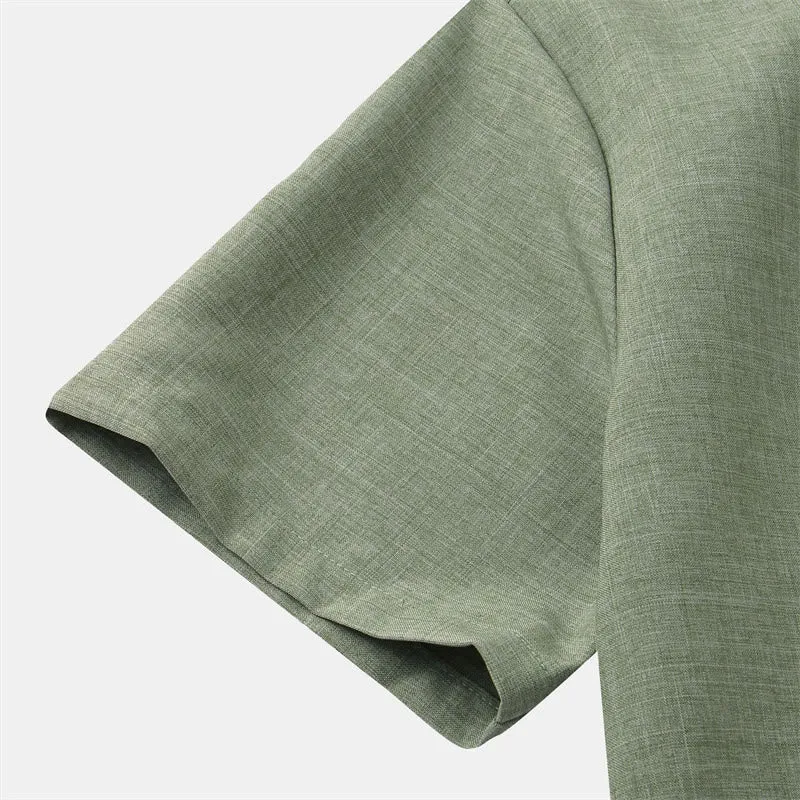 Buddha Stones Summer Men's Button Plain Short Sleeve Cotton Linen Shirt With Pocket