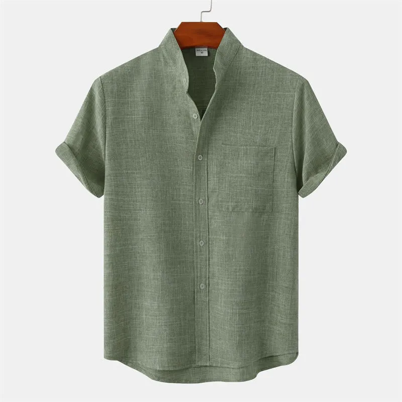 Buddha Stones Summer Men's Button Plain Short Sleeve Cotton Linen Shirt With Pocket
