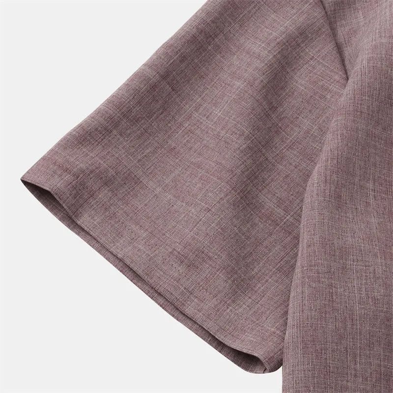 Buddha Stones Summer Men's Button Plain Short Sleeve Cotton Linen Shirt With Pocket