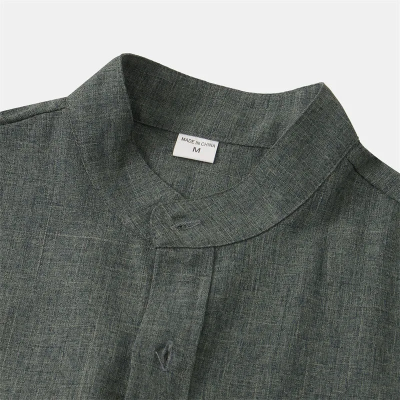 Buddha Stones Summer Men's Button Plain Short Sleeve Cotton Linen Shirt With Pocket