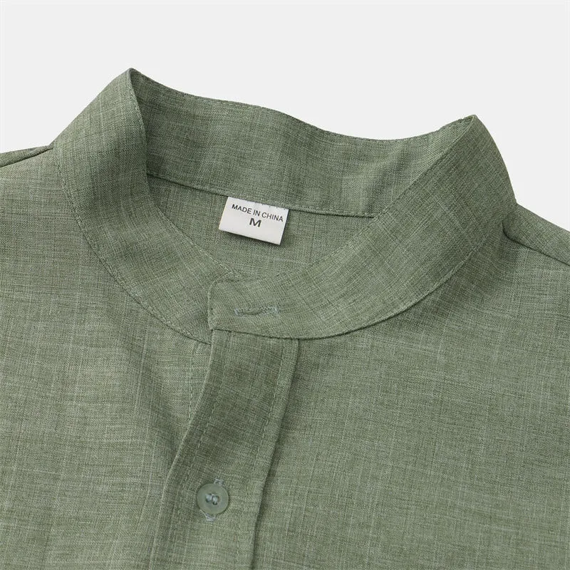 Buddha Stones Summer Men's Button Plain Short Sleeve Cotton Linen Shirt With Pocket