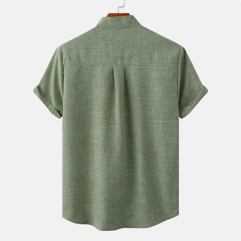 Buddha Stones Summer Men's Button Plain Short Sleeve Cotton Linen Shirt With Pocket