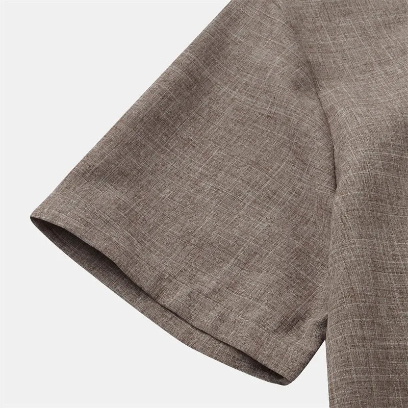 Buddha Stones Summer Men's Button Plain Short Sleeve Cotton Linen Shirt With Pocket