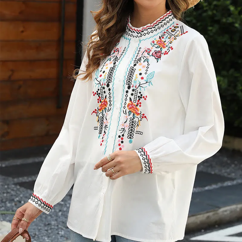 Buddha Stones White Casual Embroidery Plants Flower Pattern Button Stand Collar Cotton Women's Shirt