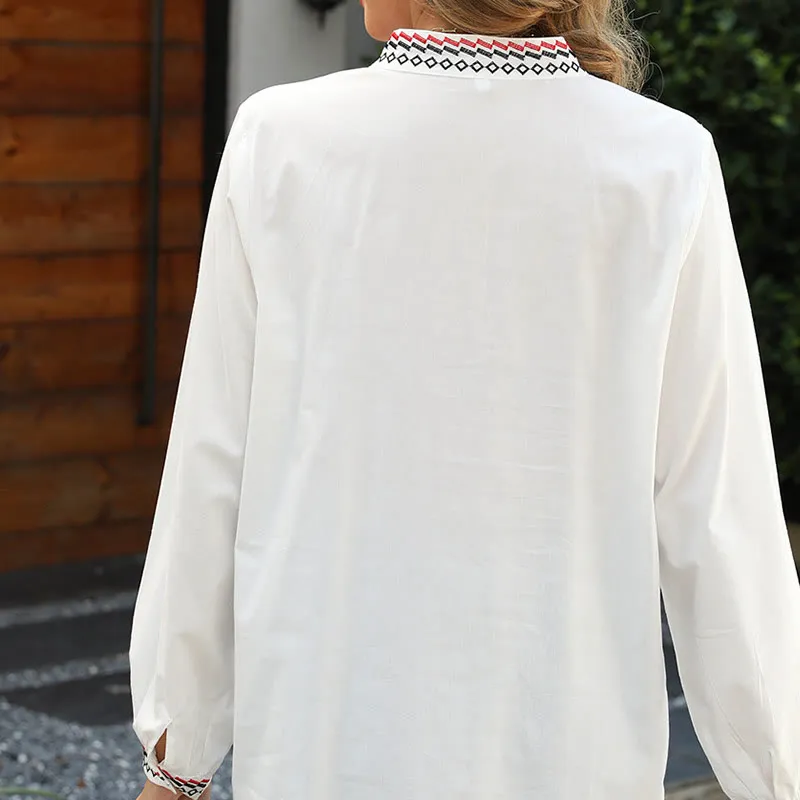 Buddha Stones White Casual Embroidery Plants Flower Pattern Button Stand Collar Cotton Women's Shirt