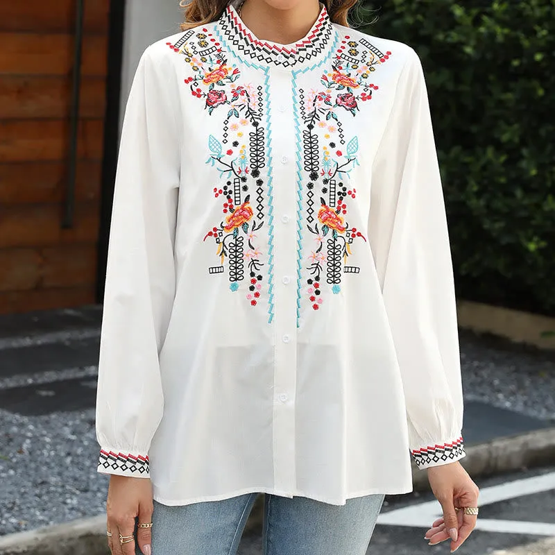 Buddha Stones White Casual Embroidery Plants Flower Pattern Button Stand Collar Cotton Women's Shirt