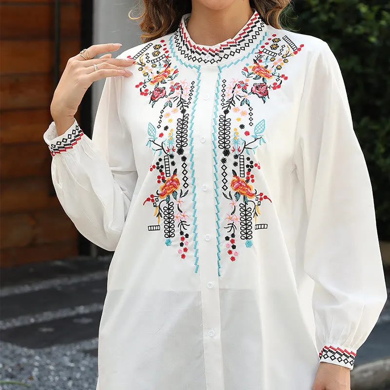 Buddha Stones White Casual Embroidery Plants Flower Pattern Button Stand Collar Cotton Women's Shirt